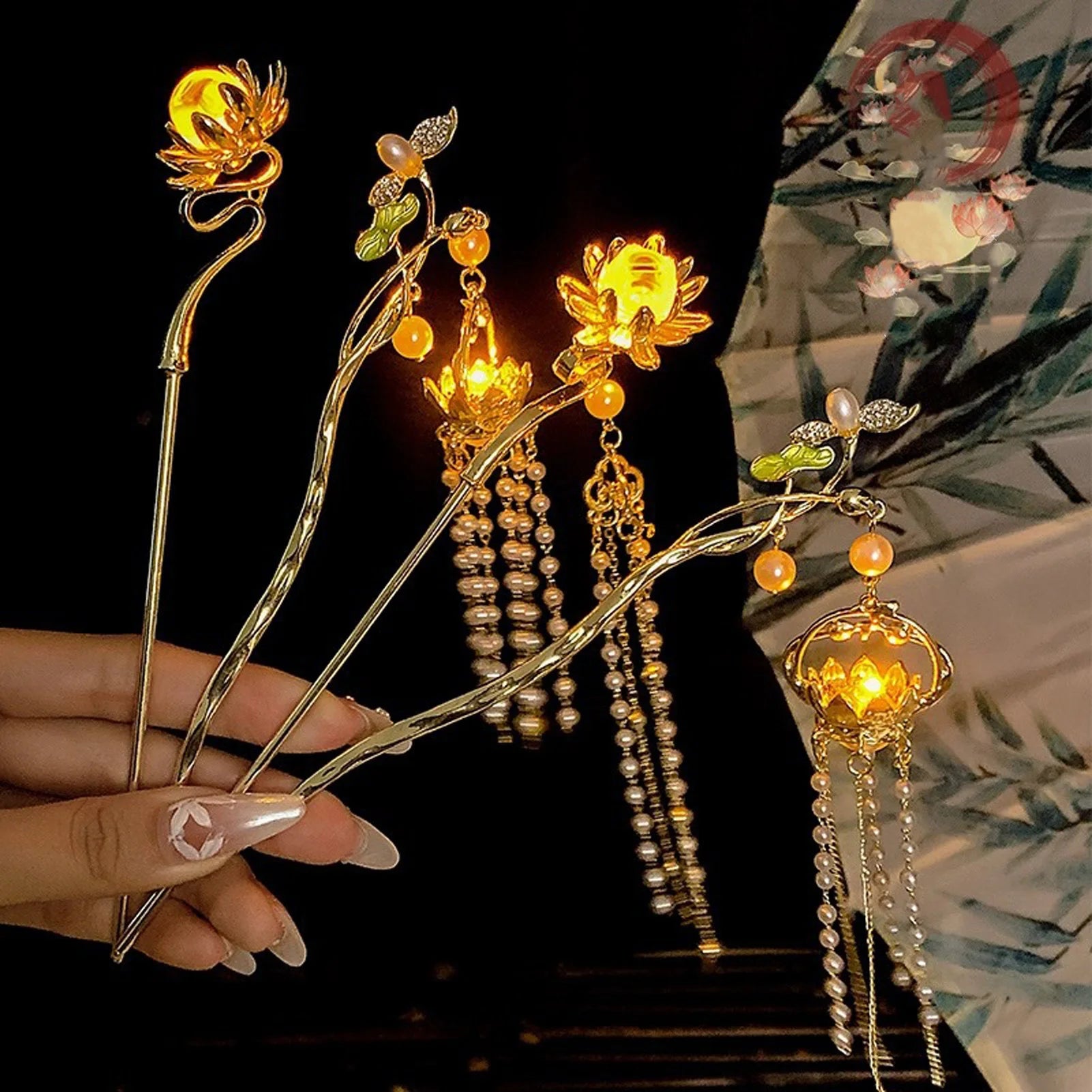 Luminous Flower Hairpin For Women Creative Lotus Emit Light Lantern Tassel Hair Stick Vintage Chinese Style Metal Hair Accessory - chinatopmarket