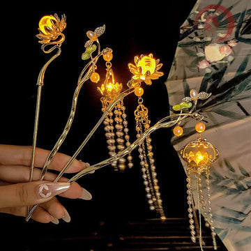 Luminous Flower Hairpin For Women Creative Lotus Emit Light Lantern Tassel Hair Stick Vintage Chinese Style Metal Hair Accessory - chinatopmarket