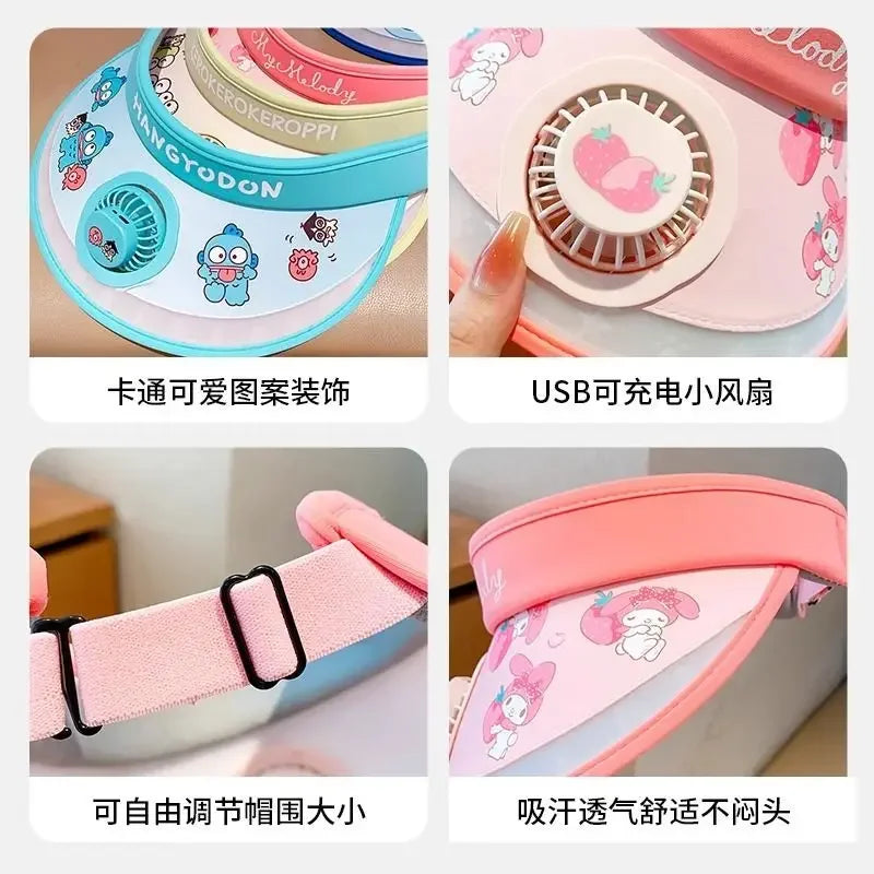 Hello Kitty Kuromi My melody Pochacco summer children's multifunctional sun protection hat with fan and sunshade large brim - chinatopmarket