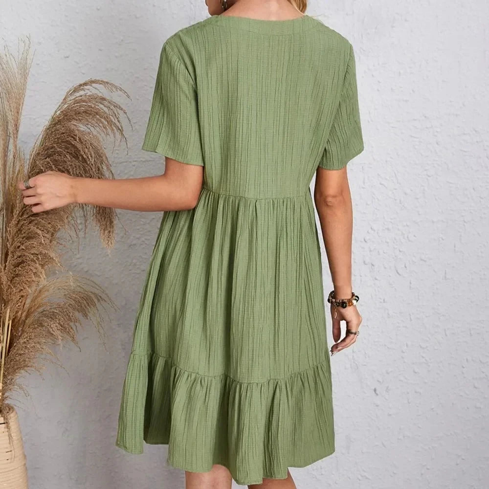Women Summer Peplum Dresses Spring V-Neck Short Sleeve Loose Waist Ruffle Fit Flare Vocation Dresses - chinatopmarket