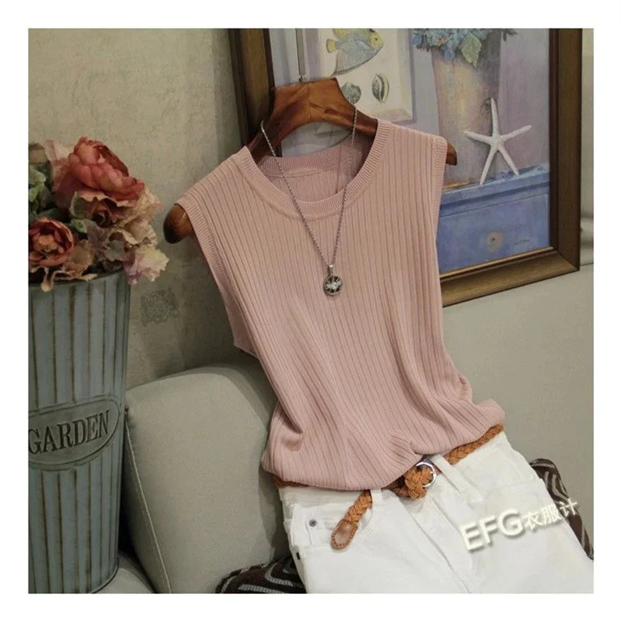 Summer Sleeveless Blouse Women O-neck Knitted Blouse Shirt Women Clothes Women Tops - chinatopmarket