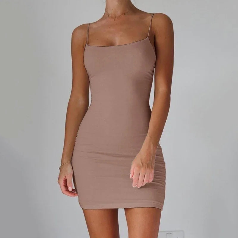 Summer Spaghetti Strap Mini Dress 2025 Women Sexy Bodycon Club Party Dresses Short Female Camisole Solid Black Sheath Sundress - chinatopmarket