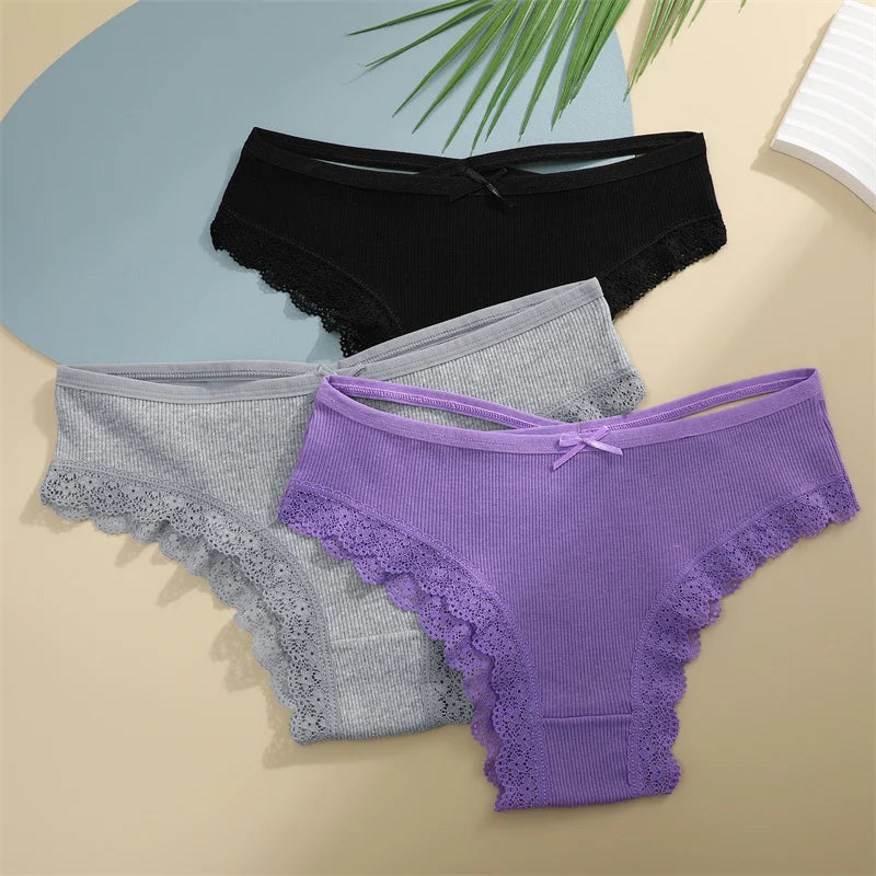 3PCS/Set Women Cotton Panties Sexy Low Rise Lace Brazilian Panties Hollow Out Soft Breathable Lingerie Female Bow Underwear S-XL - chinatopmarket