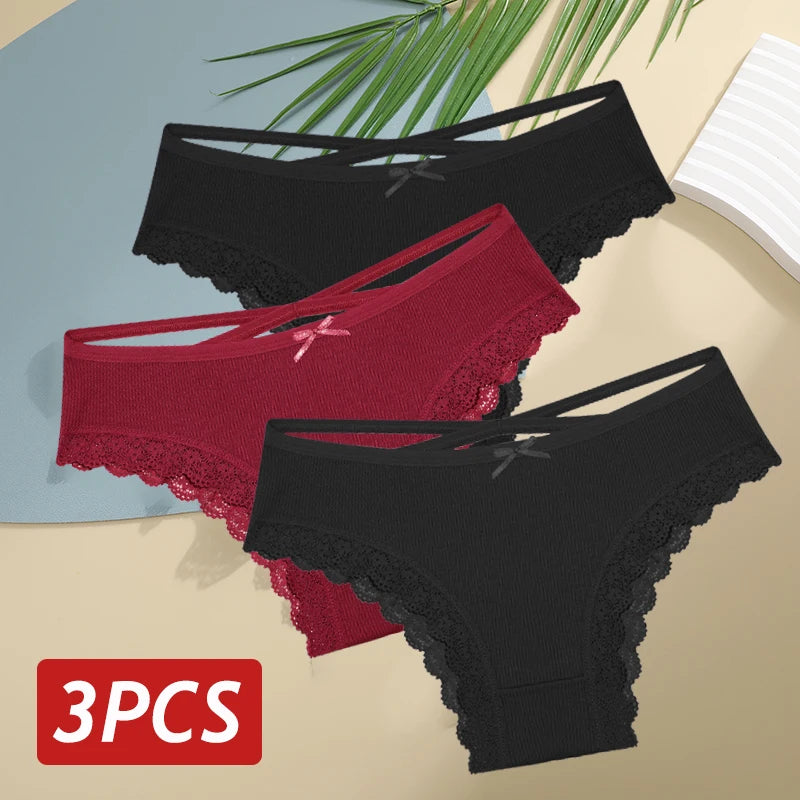 3PCS/Set Women Cotton Panties Sexy Low Rise Lace Brazilian Panties Hollow Out Soft Breathable Lingerie Female Bow Underwear S-XL - chinatopmarket