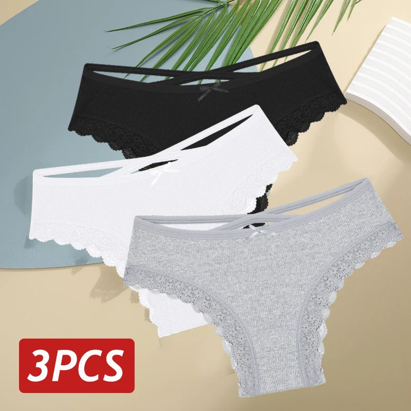3PCS/Set Women Cotton Panties Sexy Low Rise Lace Brazilian Panties Hollow Out Soft Breathable Lingerie Female Bow Underwear S-XL - chinatopmarket