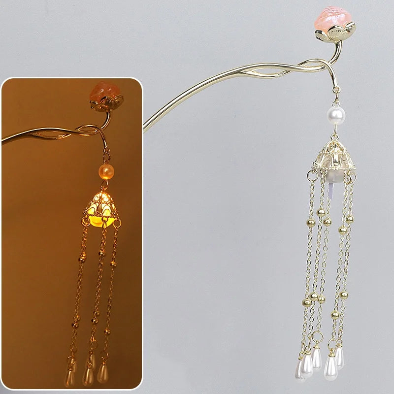 Luminous Flower Hairpin For Women Creative Lotus Emit Light Lantern Tassel Hair Stick Vintage Chinese Style Metal Hair Accessory - chinatopmarket