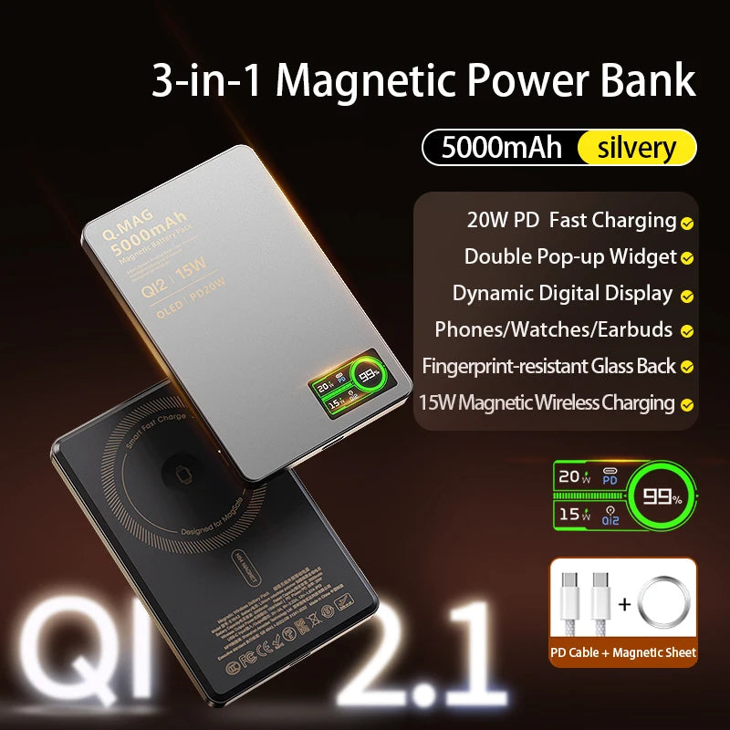 QI 2.1 Magnetic Powerbank Wireless Fast Charing Spare Portable External Battery for iPhone 12-17 Pro Watch Airpods 5000/10000mAh - chinatopmarket