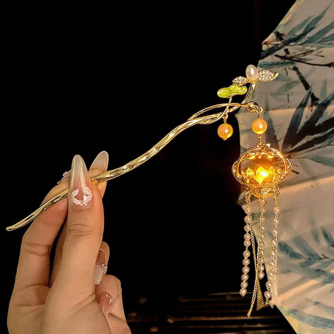 Luminous Flower Hairpin For Women Creative Lotus Emit Light Lantern Tassel Hair Stick Vintage Chinese Style Metal Hair Accessory - chinatopmarket