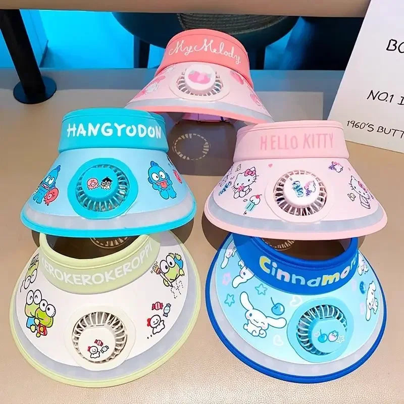 Hello Kitty Kuromi My melody Pochacco summer children's multifunctional sun protection hat with fan and sunshade large brim - chinatopmarket