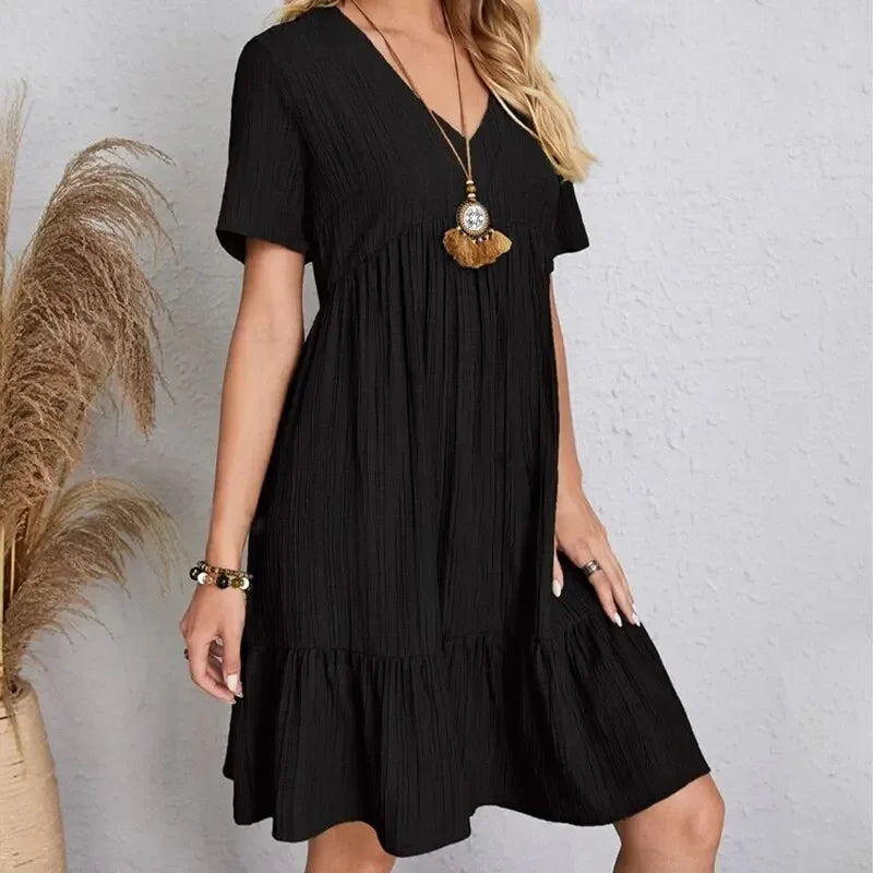 Women Summer Peplum Dresses Spring V-Neck Short Sleeve Loose Waist Ruffle Fit Flare Vocation Dresses - chinatopmarket