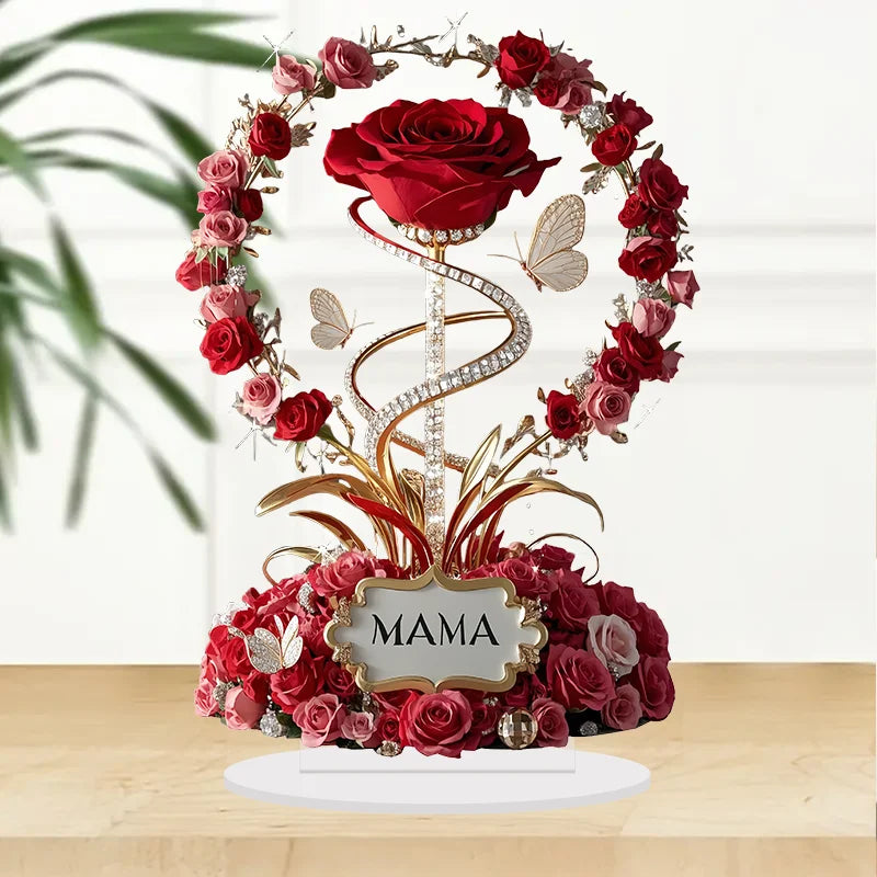 2D Acrylic Ornament Red Rose MOM Pattern Roses Mother Flat Elegant Desk Decora Filial Child to Mother Gifts - chinatopmarket