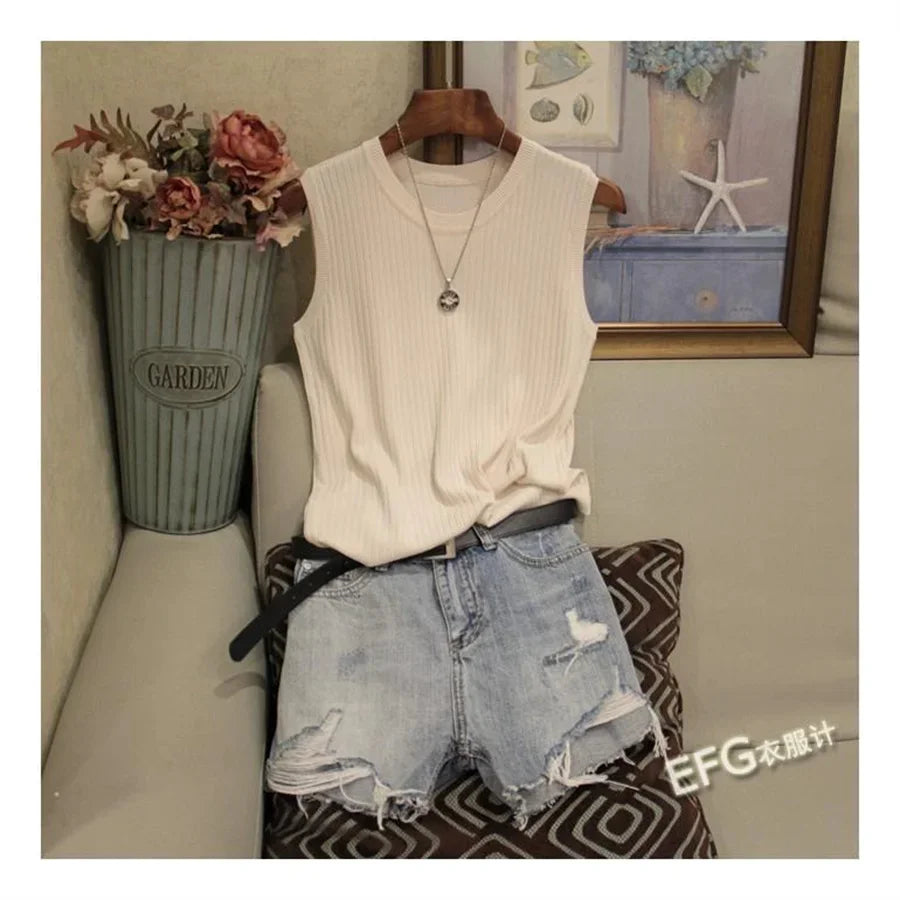 Summer Sleeveless Blouse Women O-neck Knitted Blouse Shirt Women Clothes Women Tops - chinatopmarket