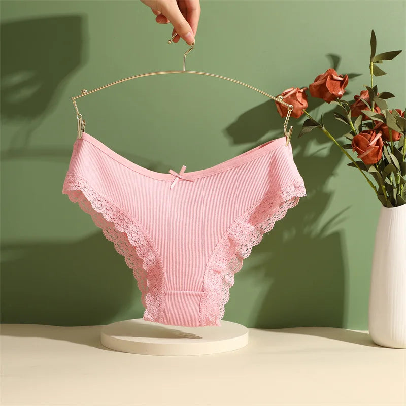3PCS/Set Women Cotton Panties Sexy Low Rise Lace Brazilian Panties Hollow Out Soft Breathable Lingerie Female Bow Underwear S-XL - chinatopmarket