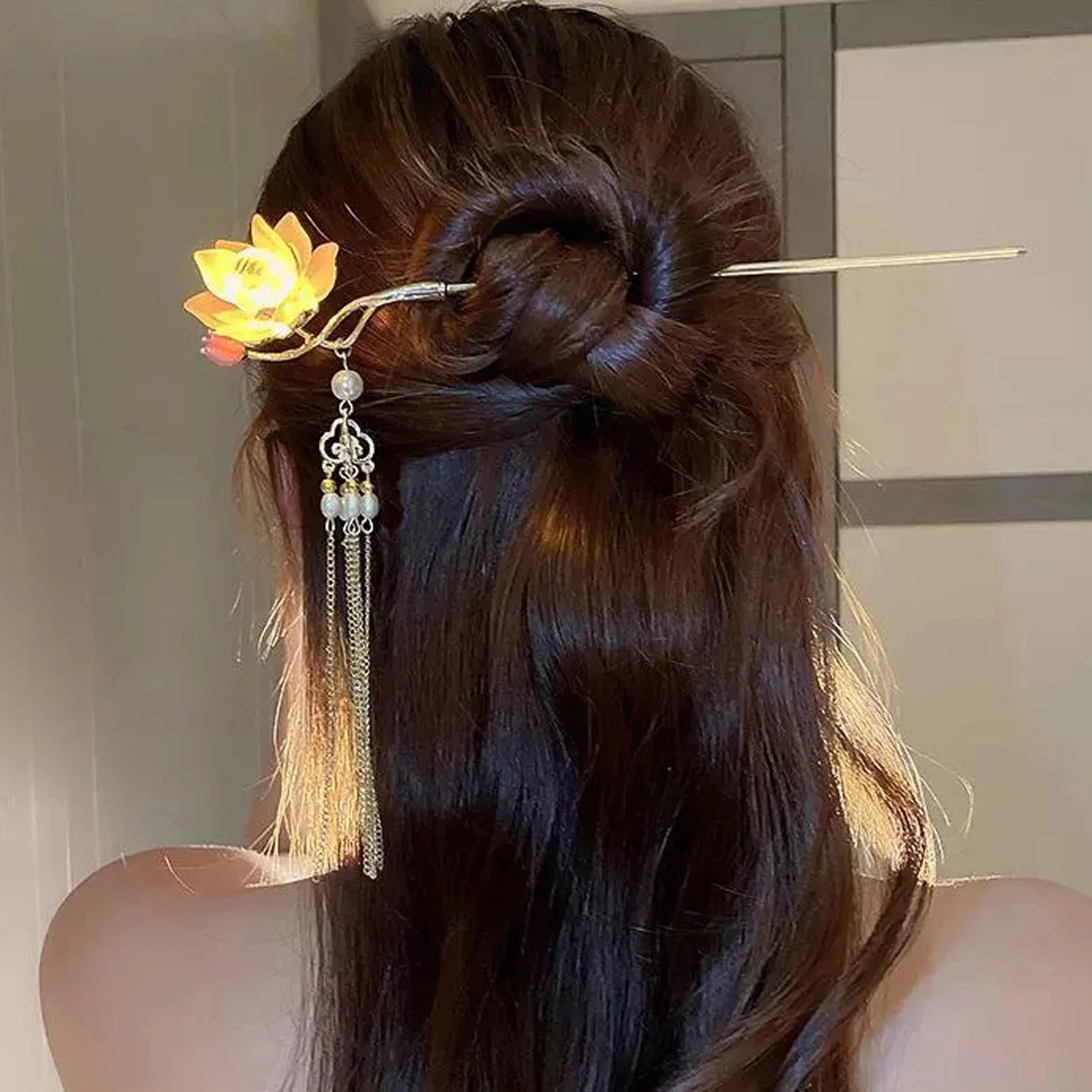 Luminous Flower Hairpin For Women Creative Lotus Emit Light Lantern Tassel Hair Stick Vintage Chinese Style Metal Hair Accessory - chinatopmarket