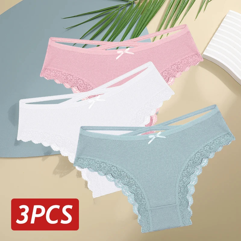 3PCS/Set Women Cotton Panties Sexy Low Rise Lace Brazilian Panties Hollow Out Soft Breathable Lingerie Female Bow Underwear S-XL - chinatopmarket