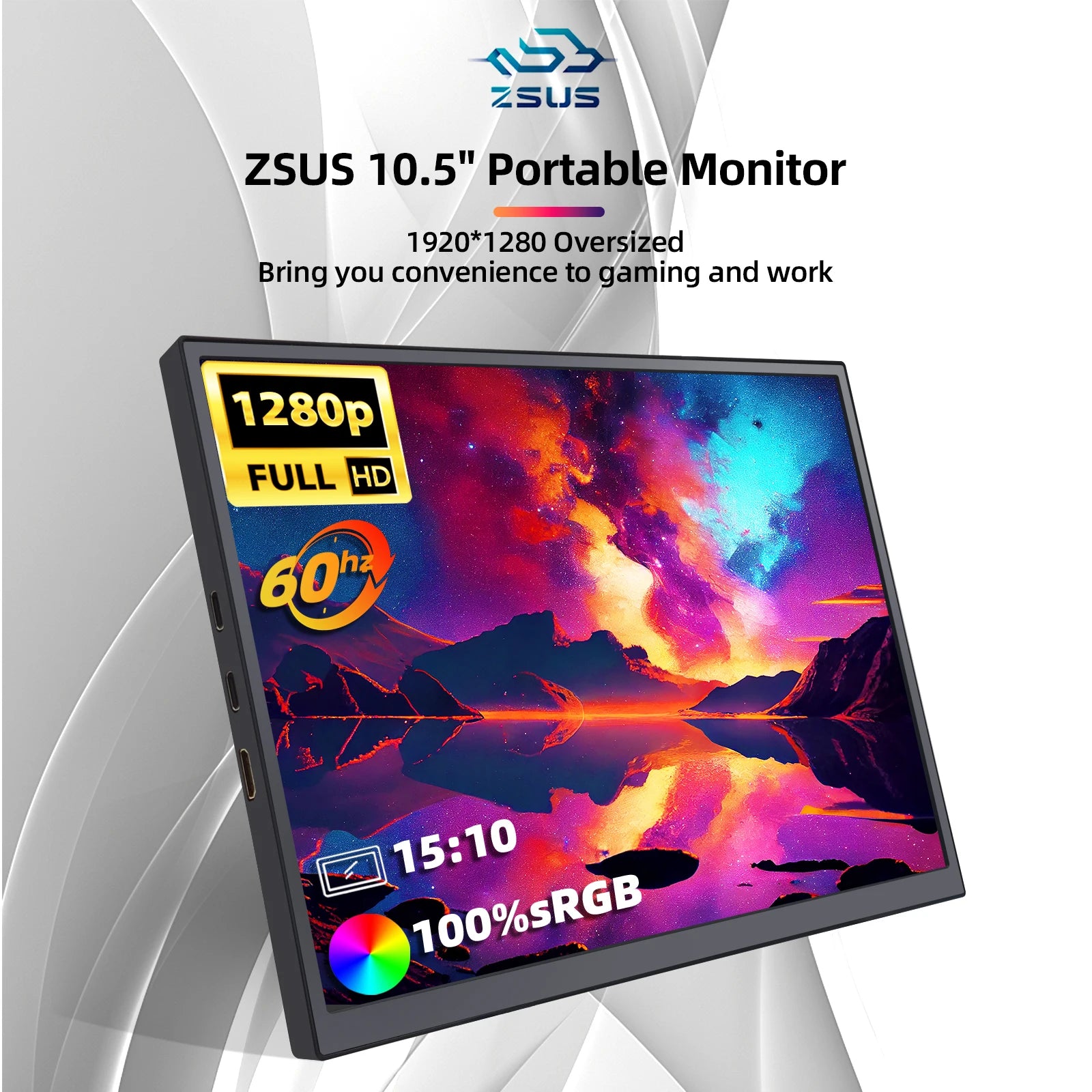 ZSUS 10.5-Inch Portable Monitor 1280P 100%sRGB 15:10 Low Blue Light For XBox PS4 / 5 Switch Cell Phone PC Loptop Extension - chinatopmarket