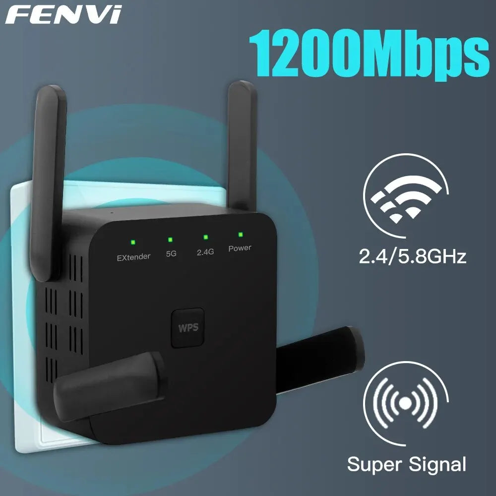 FENVI 5Ghz AC1200 WiFi Repeater 1200Mbps Router Black WiFi Extender Amplifier 2.4G/5GHz Wi-Fi Signal Booster Long Range Network - chinatopmarket
