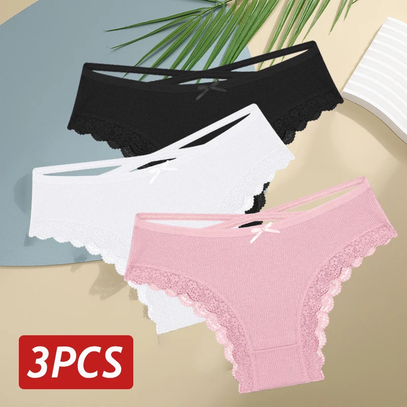 3PCS/Set Women Cotton Panties Sexy Low Rise Lace Brazilian Panties Hollow Out Soft Breathable Lingerie Female Bow Underwear S-XL - chinatopmarket