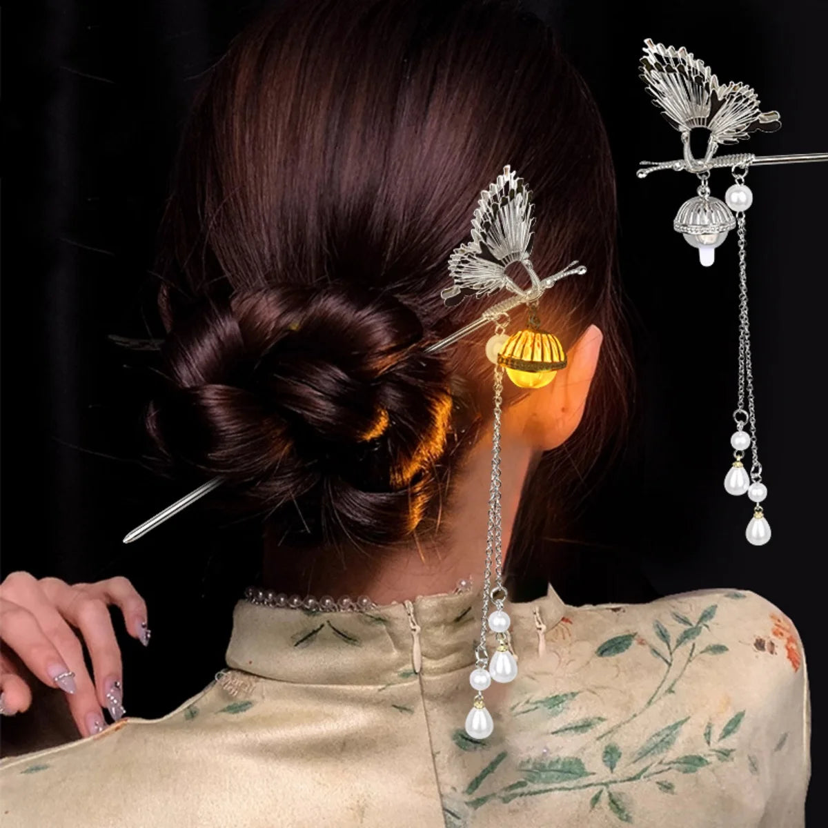 Luminous Flower Hairpin For Women Creative Lotus Emit Light Lantern Tassel Hair Stick Vintage Chinese Style Metal Hair Accessory - chinatopmarket