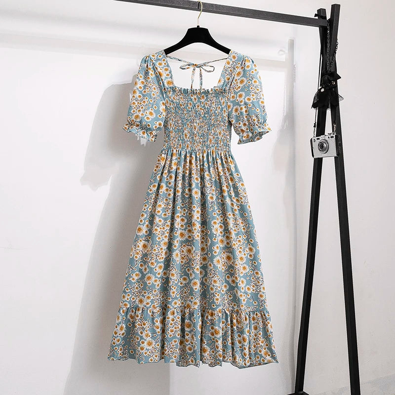 Spring Summer Chiffon Dresses Fashion Female Elastic Waist Short Sleeve Pleated Casual Dress Women A-line Dresses Vestidos - chinatopmarket
